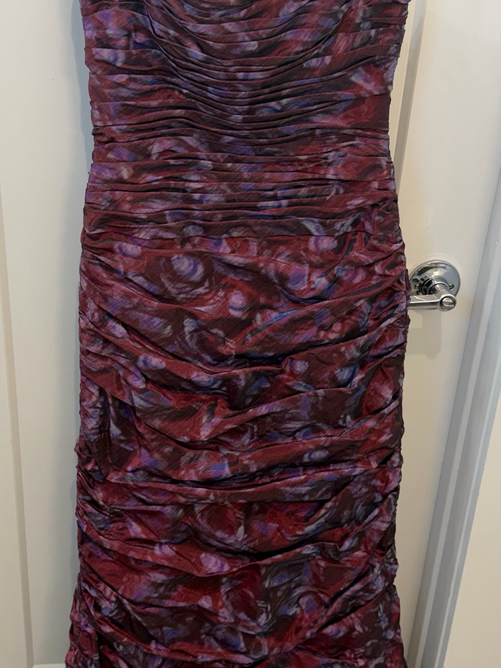 Teri Jon Strapless Ruched Dress in Burgundy and Purple Tones